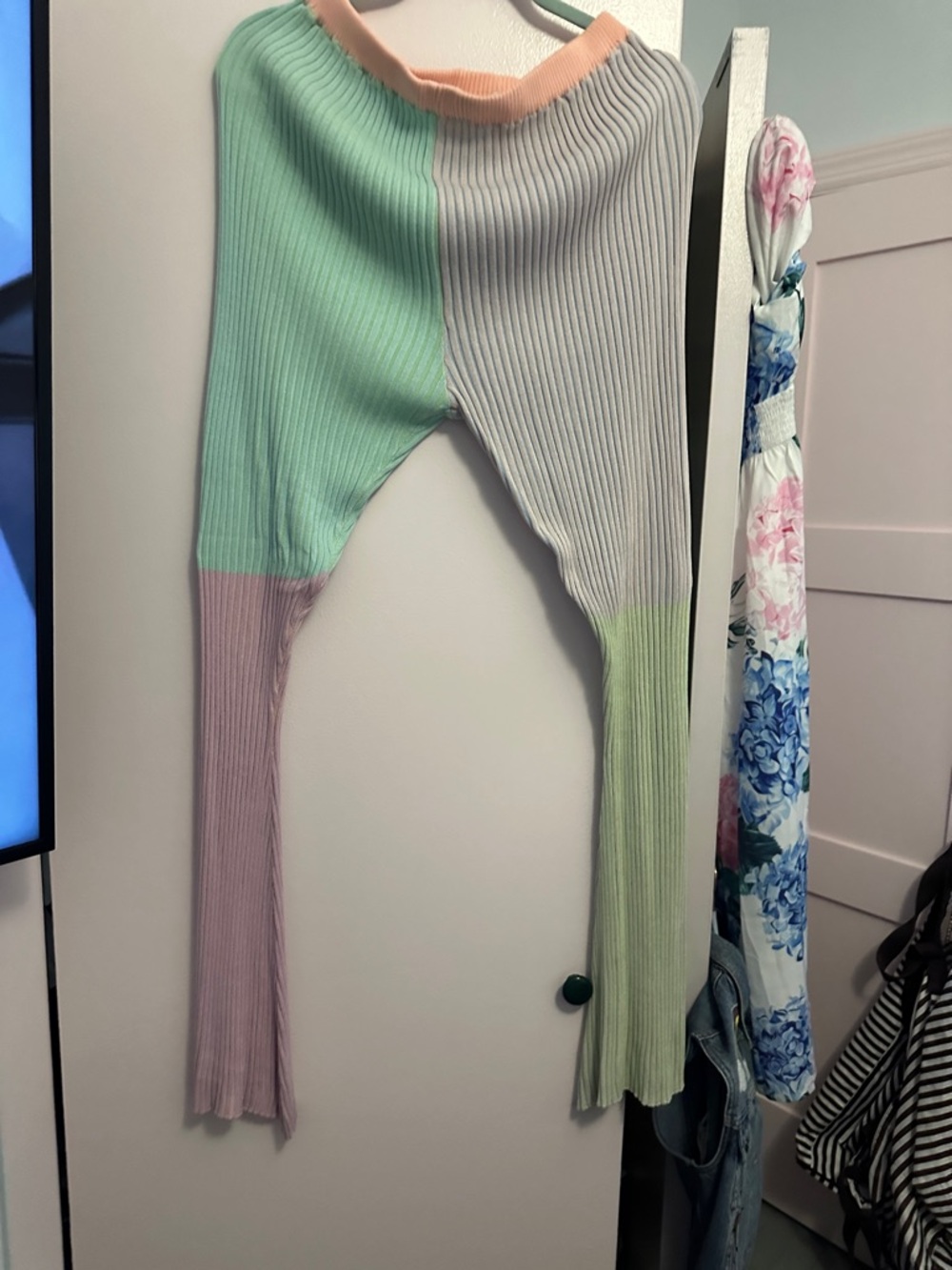 Colorblock Ribbed Knit Wide-Leg Jumpsuit - Mint, Lilac & Cream